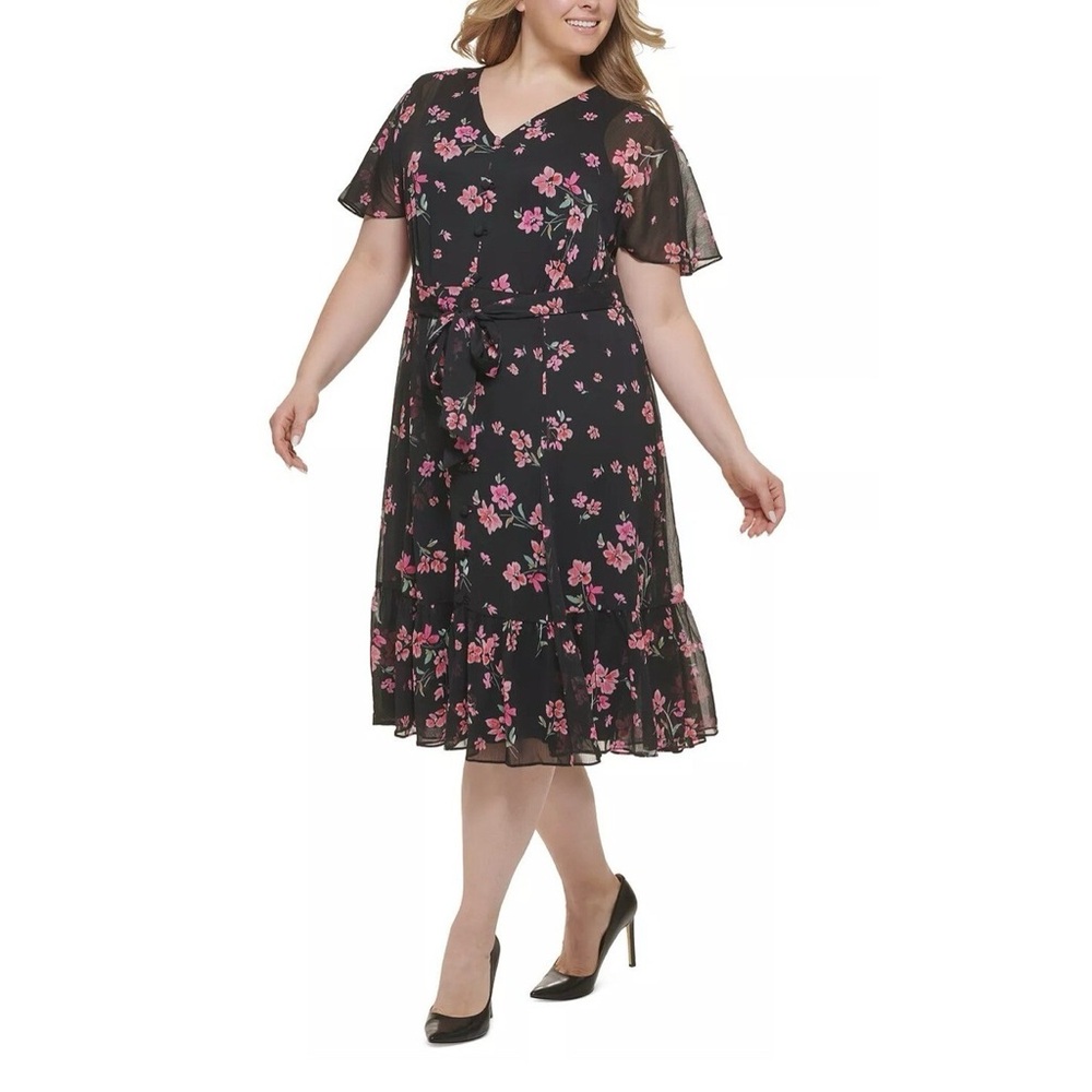 Calvin Klein Pink and Black Ruffled Tiered Midi Dress